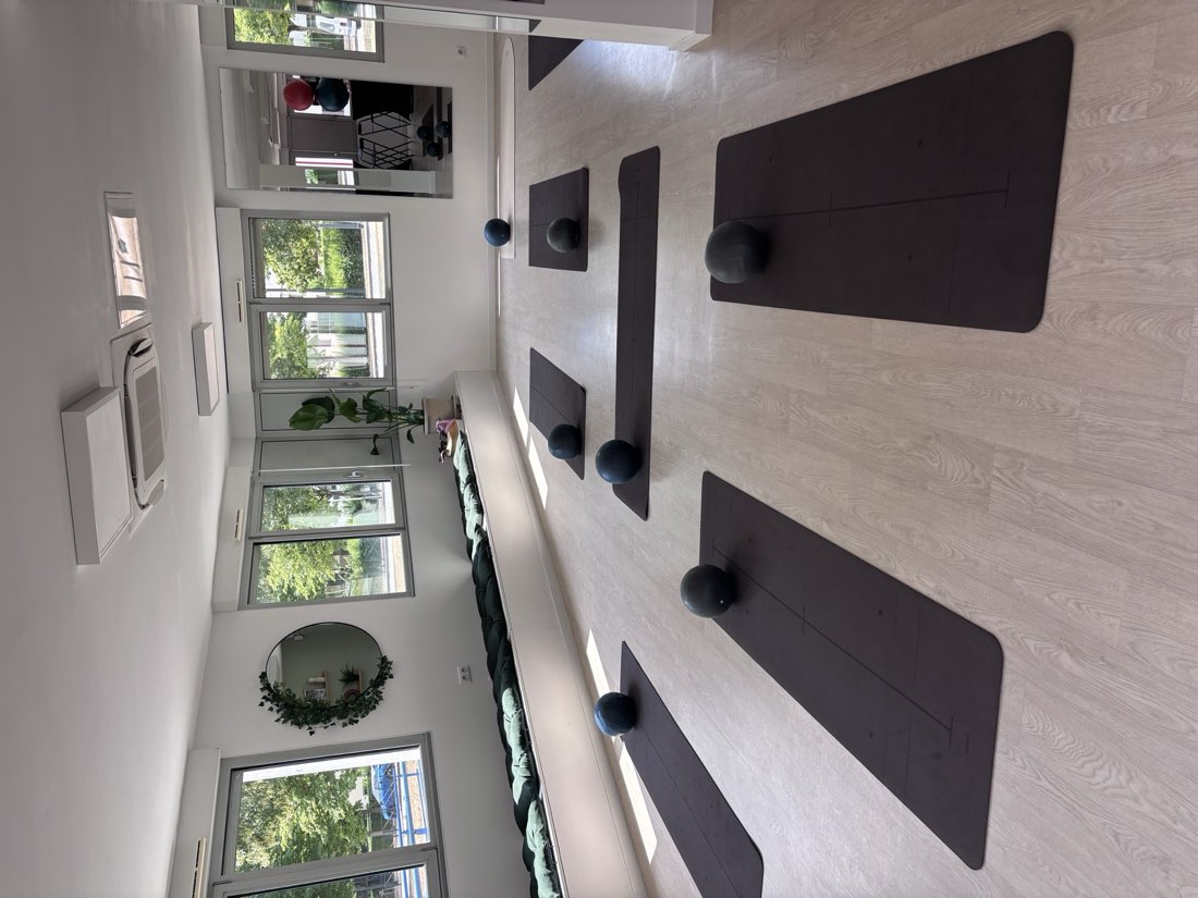 Tapis et ballons installés dans la salle de Pilates